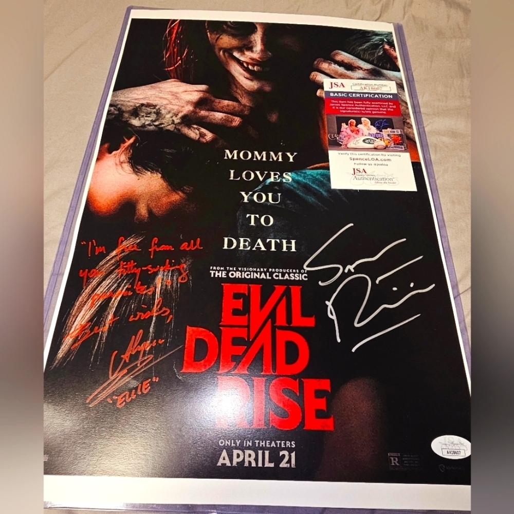 Sam Raimi and Alyssa Sutherland SIGNED 'EVIL DEAD RISE 11x17 INSCRIPTION AND JSA